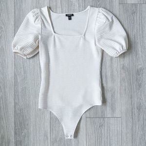Express Off White Squared Neck Puffer Sleeve Bodysuit